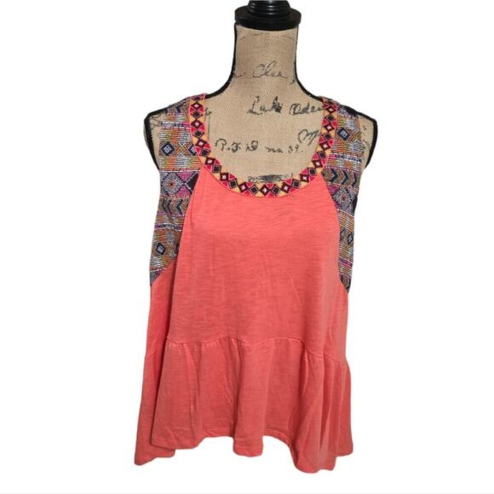 Miss Me Coral‎ Orange Southwestern Embroidered Peplum Tank Top Cutout Back